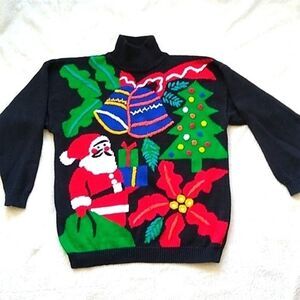 VintageCotton Holiday Sweater Ugly embellished 3D embroidered sz L 70s80s